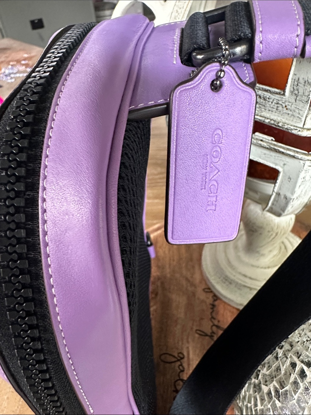 Coach Brown Signature Canvas Messenger Bag with Purple Trim - Picture 7 of 13